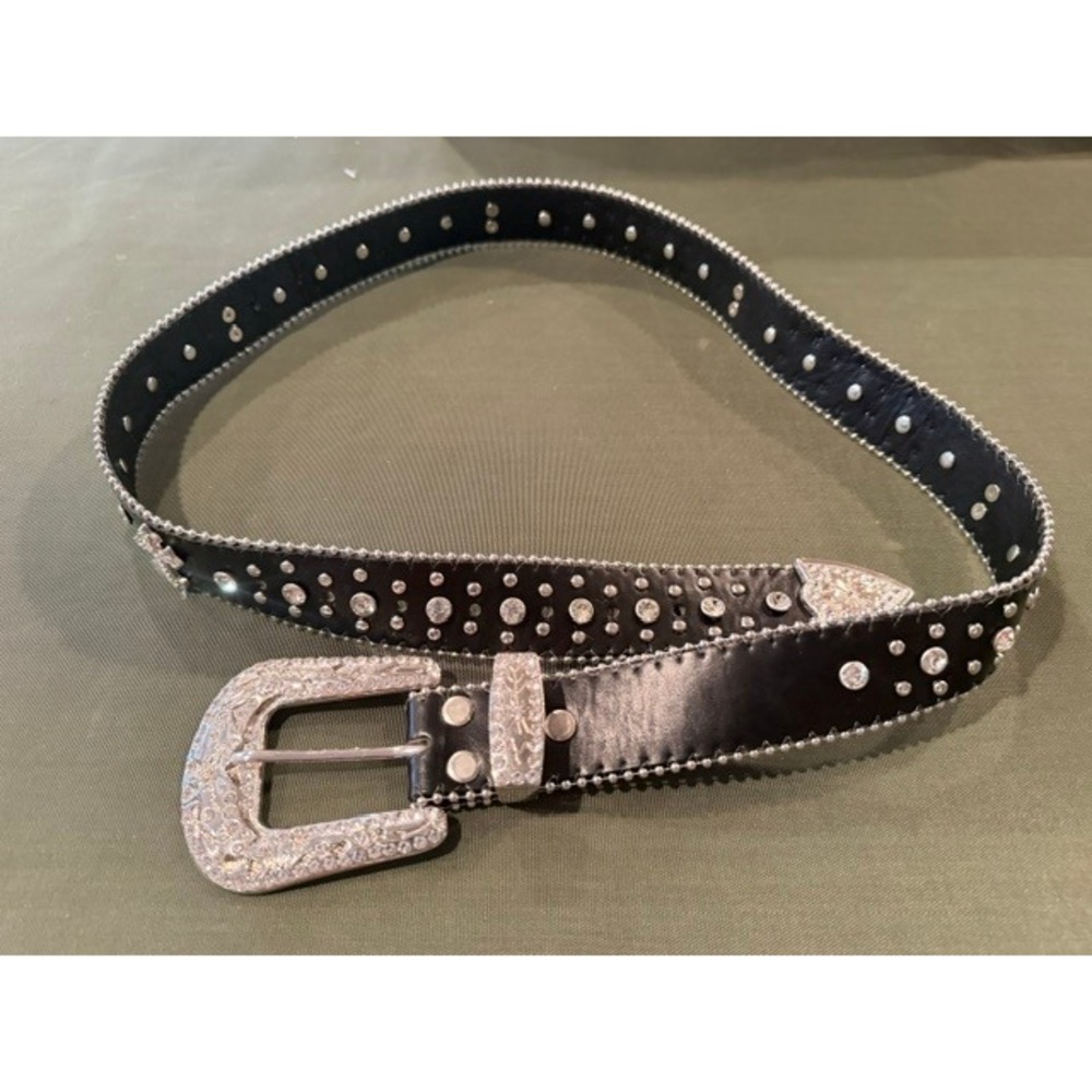 Western Black Leather Rhinestone Studded Belt Silver Cross Buckle Y2K Cowgirl